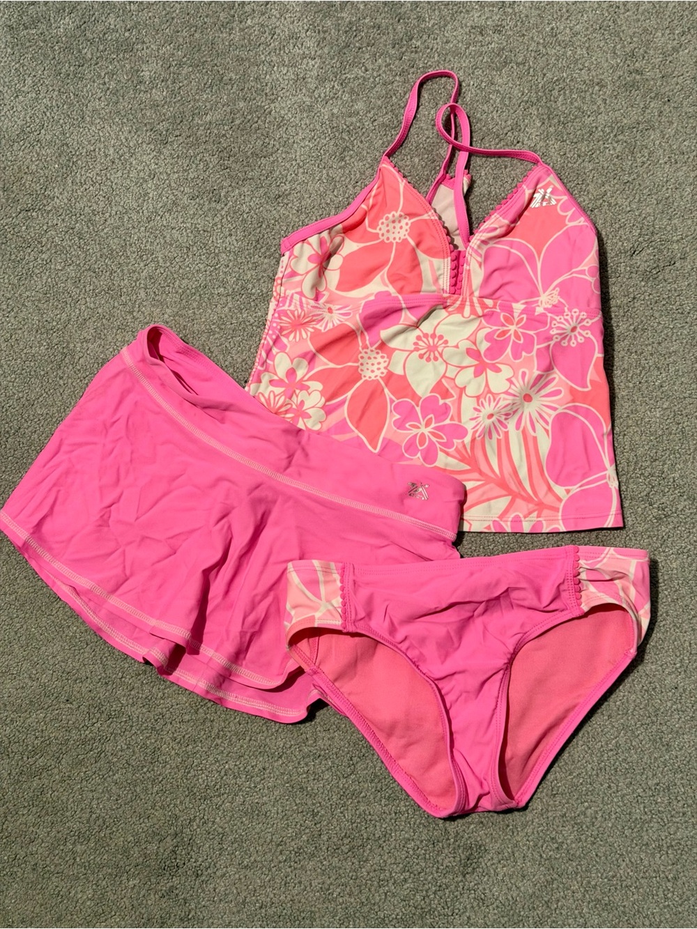 Girls’ Pink Floral Tankini Top with Solid Pink Swim Skirt and Bottoms - L 10/12